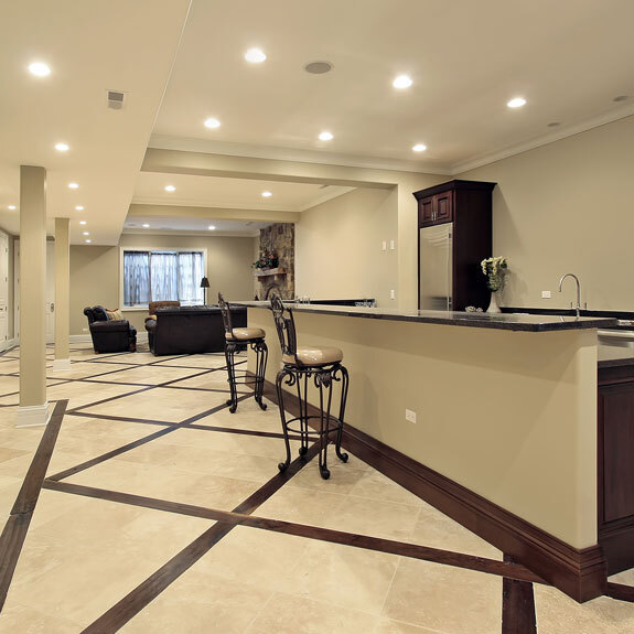Basement concrete floor epoxy This image shows a dining ad living room.