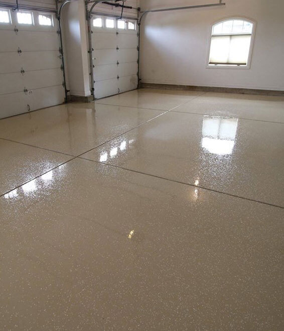 Garage Epoxy Flooring This image shows a garage floor with flake epoxy painted floor.
