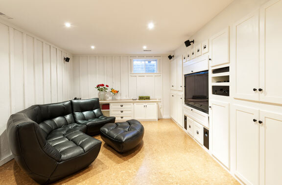 This image shows an living room with epoxy floor.